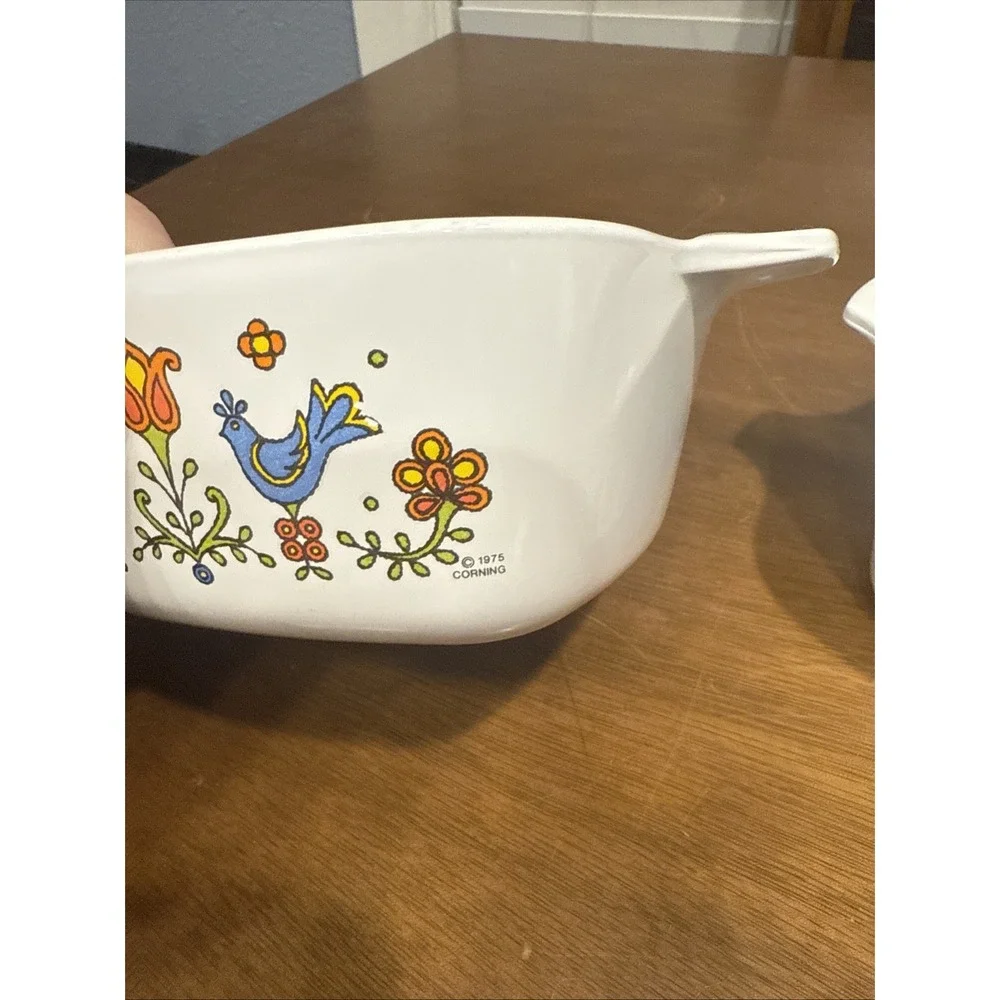 Lot 2 Corning Ware 2 3/4 Cup Dish Country Festival Bluebird P-43-B Vintage 1975